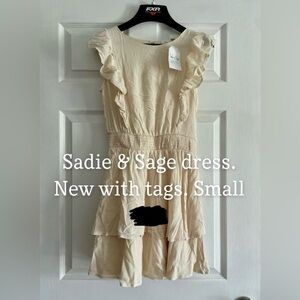 Sadie & Sage off white cream ruffle front cinch waist mini dress smocked NWT
